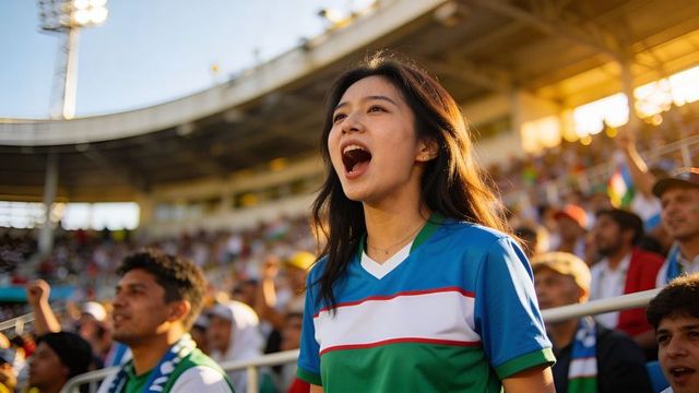 Young woman cheering and shouting in stadium crowd wearing team jersey at golden hour
