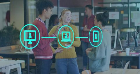 Diverse team collaboration overlayed with digital network icons
