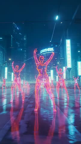 Vertical Neon Dancers Reacting to First Beat, Raising Arms and Swaying on Wet Futuristic Street