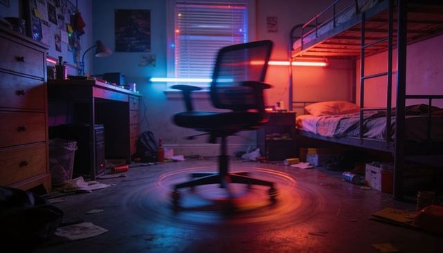 Spinning mesh swivel chair creating neon motion blur with vibrant led glow in cluttered dorm room