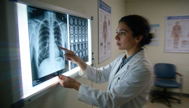 Female doctor examining chest x-ray and brain scans on lightbox in clinic radiology room