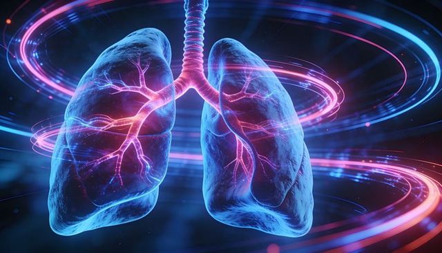 Glowing floating human lungs with neon bronchi and trachea in futuristic biomedical orbit