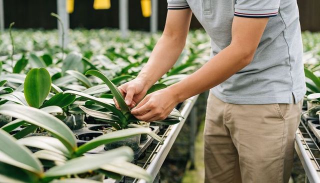 Greenhouse worker tending orchid seedlings on nursery bench, plant care, cultivation