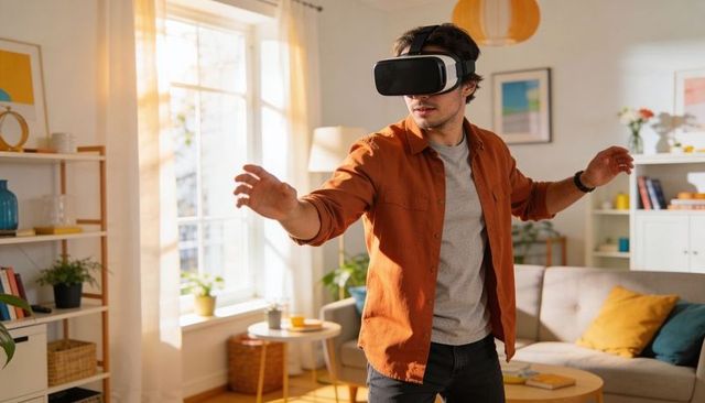 Young man exploring virtual world with vr headset in sunlit modern living room