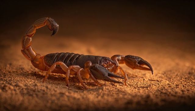 Desert scorpion curling tail and raising stinger on sandy ground macro wildlife closeup