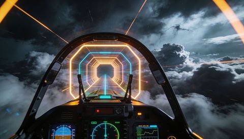 Futuristic fighter cockpit approaching neon hexagonal tunnel over storm clouds