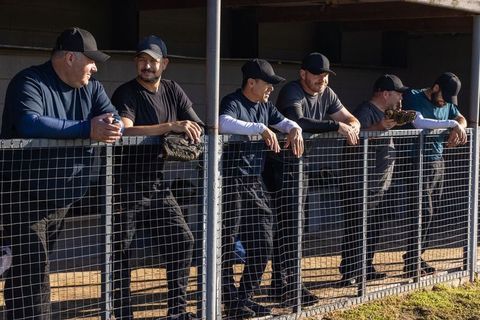 Baseball teammates leaning on dugout fence watching game in sunlight