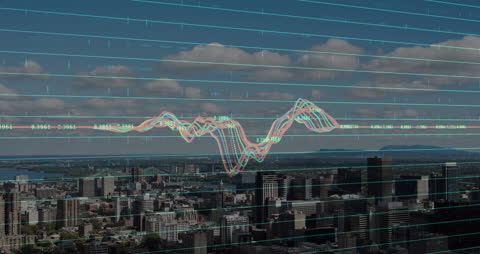 Animated Data Networks over Urban Cityscape at Dusk