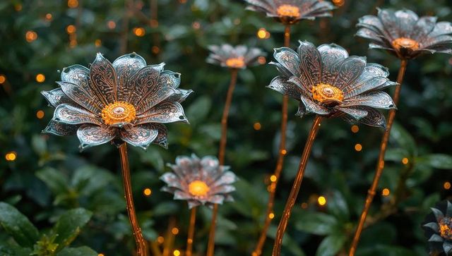 Glowing Ornate Metal Flowers with Etched Petals and Amber LED Bokeh