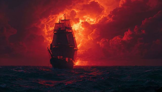 Epic three-masted sailing ship against dramatic red sky