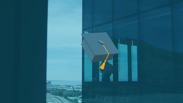 Businessmen in a modern office using their smartphones with an animated overlay of graduating hats falling. This concept symbolizes the intersection between business, technology, and education. Ideal for use in editorial content, presentations, and marketing materials highlighting global business strategies, corporate training programs, or the importance of continued education in the workforce.