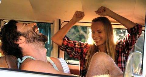 Joyful Couple Dancing Inside Classic Van - Download Free Stock Images Pikwizard.com
