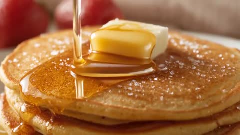 Pouring Maple Syrup Over Butter-Topped Pancake Stack, Syrup Drizzling and Butter Melting