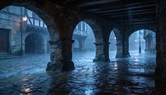 Medieval stone arcade soaking in rain, lamplight reflecting on wet cobbles, mist rising