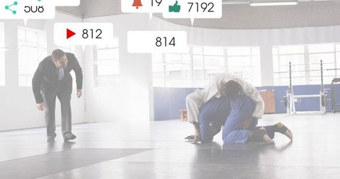Judo Athletes Grappling on Dojo Mats with Social Media Metrics Overlay and Coach Observing