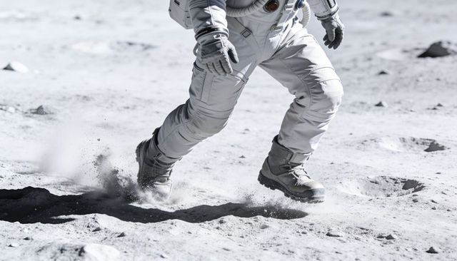 Astronaut Striding Across Lunar Dust Kicking Up Regolith with Pressurized Suit Boots