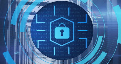 Cybersecurity Concept with Padlock and Binary Code in Server Room