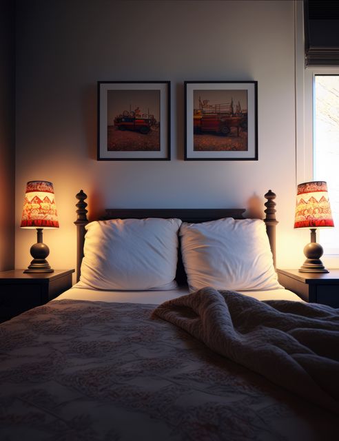 This image depicts a cozy bedroom with warm lighting from bedside lamps, framed artwork above the bed, and soft pillows. Suitable for use in articles or websites focusing on home decor, interior design inspiration, and comfort ideas for restful living spaces.