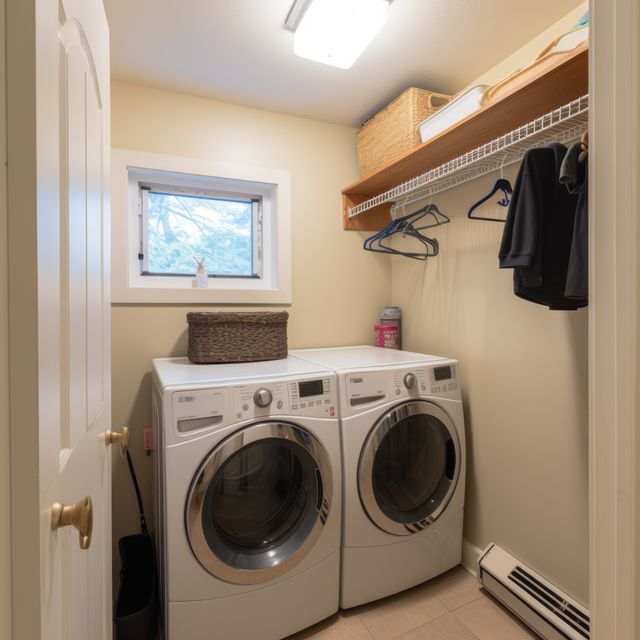 Utility room with tumble dryer and washing machine, created using generative ai technology. Utility room, home decor and interiors concept digitally generated image.