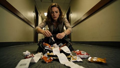 Kneeling woman frantically sorting purse contents in dim corridor with keys and receipts