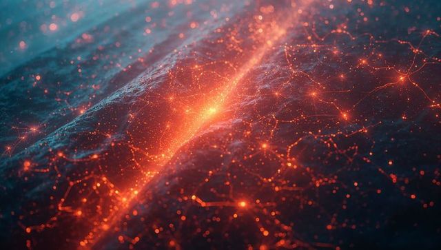 Glowing fissure emitting golden light across abstract neural mesh and circuitry landscape