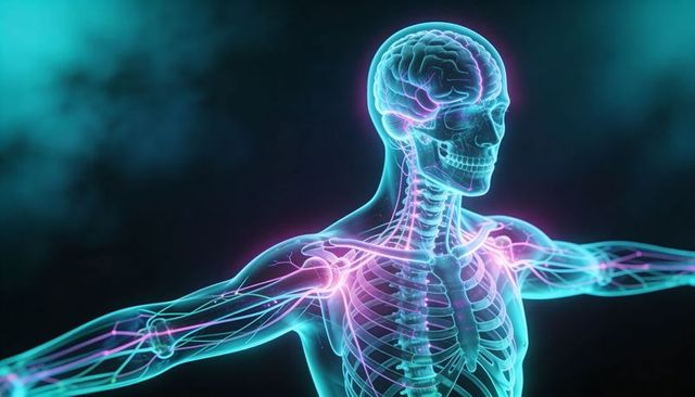 Neon-translucent human anatomy highlighting brain, skull, spine and peripheral nervous system