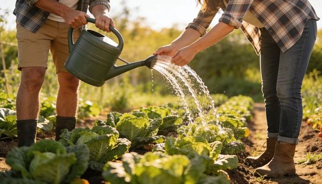 Couple watering vegetable garden with green watering can during golden hour sunlight