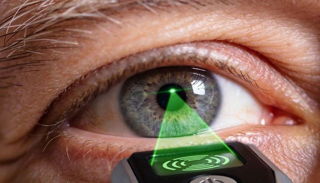 Close-up iris scanner performing biometric security scan on human eye with green laser