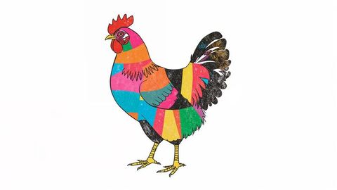 Vibrant patchwork cartoon chicken against white background
