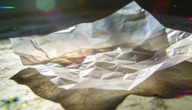 Crumpled translucent parchment catching warm low sunlight with glittering bokeh highlights