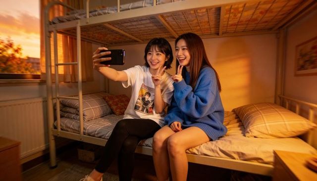Two friends taking selfie on dorm bunk bed at golden hour, cozy roommates enjoying sunset