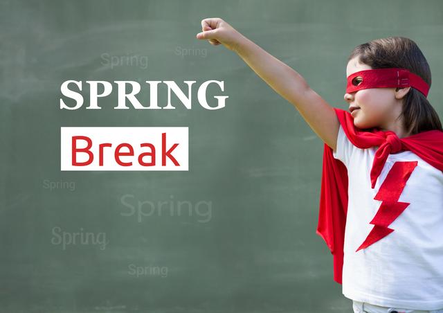 Schoolgirl dressed as a superhero, complete with a red cape and mask, raises her arm in a power pose in front of a chalkboard with 'Spring Break' text, conveying excitement and fun. Suitable for educational materials, spring break promotions, school flyers, and children's activity advertising.