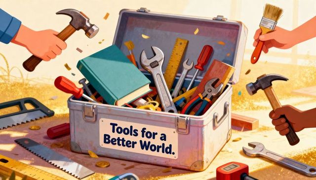 Hands holding hammers circling open toolbox labeled tools for better world