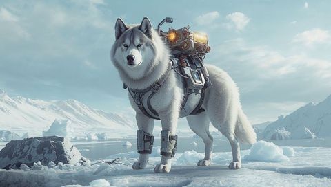 Standing arctic husky wearing tactical harness and robotic pack on icy expedition