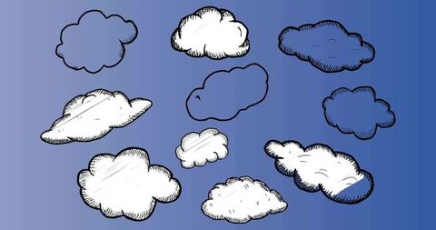 Hand-inked sketch clouds drifting on blue gradient background for minimalist and decorative design