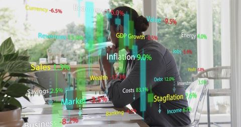 Executive on call with financial data overlays showing inflation, market trends, stagflation