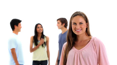 Smiling Woman Socializing with Friends in Casual Setting