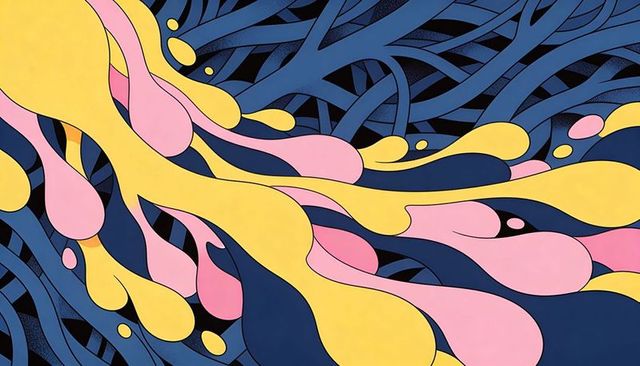 Bold abstract fluid layers with flowing yellow and pink droplets over navy ribbon pattern