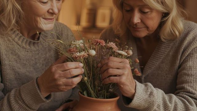 Senior women arranging dried flowers in terracotta vase, knit sweaters, amber tones