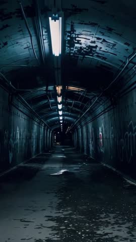 Gliding Through Flickering Tube Tunnel Vertical Video Showing Graffiti, Puddles, Moody Grit
