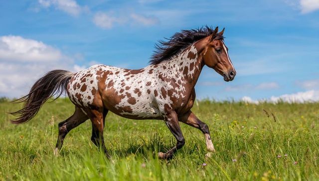 Brown and white spotted horse galloping across sunlit wildflower meadow under blue sky
