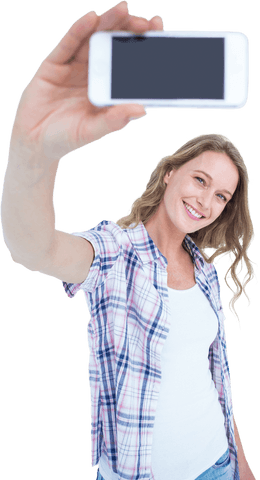 Smiling Woman Taking Transparent Selfie with Smartphone