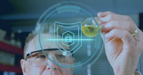 Scientist Examining Liquid in Laboratory with Data Security Concept