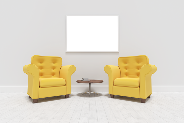 Yellow Armchairs Facing Blank Transparent Picture Frame in Minimalist Living Room - Download Free Stock Videos Pikwizard.com