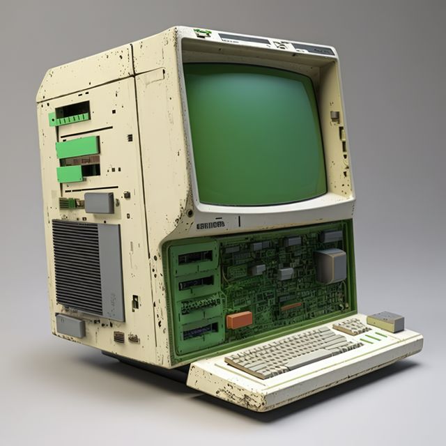 Old computer station with keyboard on grey background, created using generative ai technology. Retro computer and technology concept digitally generated image.