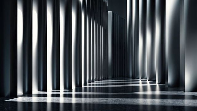 Modern architectural corridor with metallic columns and light openings