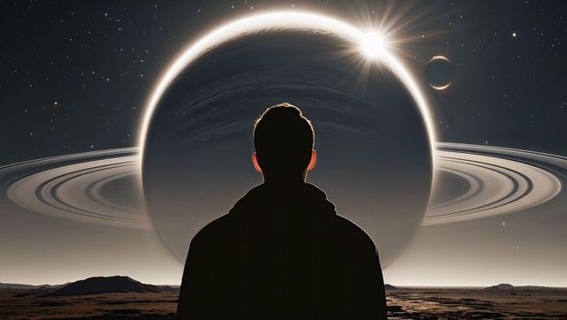 Silhouetted figure observing ringed planet in alien landscape
