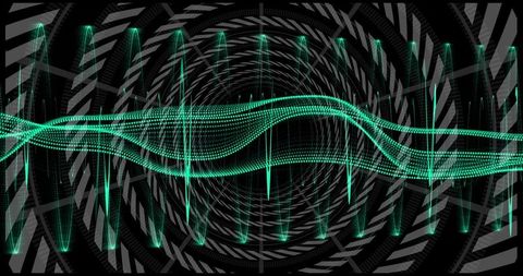 Teal dotted waveform pulsing through futuristic spiral tunnel with vertical neon spikes