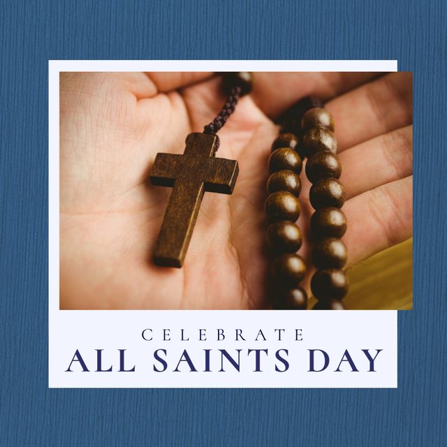 Composition of celebrate all saints day text with hand holding rosary over blue background. All saints day and celebration concept digitally generated image.