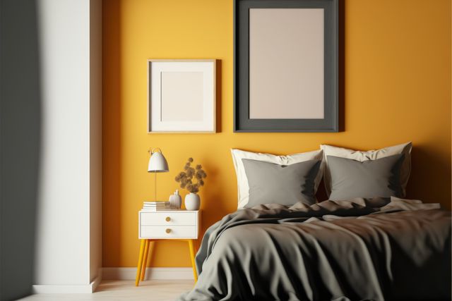 Bedroom with blank photoframes on wall with copy space, created using generative ai technology. House interior and photoframe concept digitally generated image.